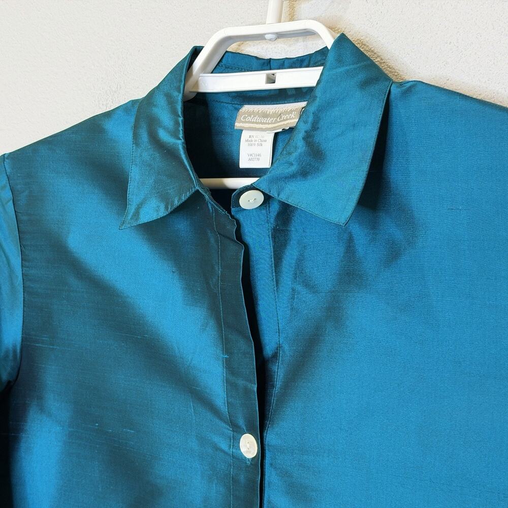 Coldwater Creek Button Front Top Womens Sz Medium Green 100% Silk Long‎ Sleeve - Picture 2 of 8